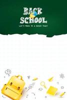 Creative back to school poster with torn chalkboard header yellow backpack and notebook paper background perfect for education flyers and certificates vector
