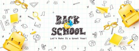 Playful back to school banner with yellow backpack blue butterfly and hand drawn doodles on notebook paper great for school promotions and learning events vector