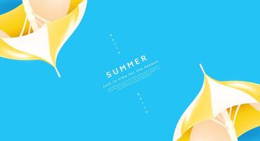 Modern minimal summer banner featuring two yellow beach umbrellas on blue background with copy space. Perfect for seasonal promotions, product displays, and stylish summer advertising. vector