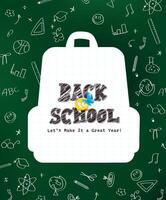 Creative back to school design featuring backpack silhouette filled with notebook grid and surrounded by hand drawn chalkboard doodles great for education posters and student projects vector