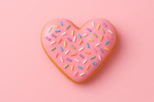 Heart shaped pink donut with colorful sprinkles on pastel pink background, sweet dessert for valentine or romantic celebration photo