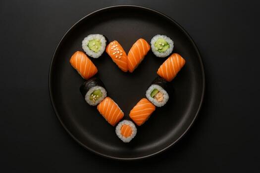 Assorted sushi pieces with salmon and cucumber arranged in heart shape on black plate over dark background for romantic dinner concept photo
