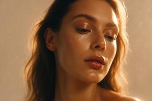 Close-up of woman with glowing skin, glossy lips and glitter makeup on cheekbones in warm light. Beauty and skincare concept photo