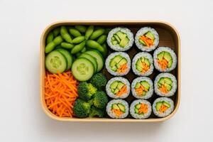 Vegan sushi rolls with cucumber and carrot served with fresh vegetables in wooden bento box on white background, top view photo