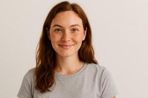 Smiling woman with red hair and freckles wearing gray t-shirt posing in front of neutral background in studio photo