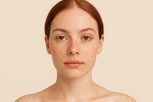 Portrait of young woman with red hair and freckles looking at camera against beige background, natural expression photo