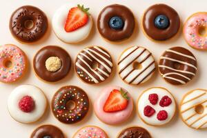 Assorted mini donuts with chocolate, glaze, berries, sprinkles and cream toppings on white background, sweet pastry set for food design photo