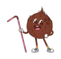 Cartoon groovy coconut character with a straw vector