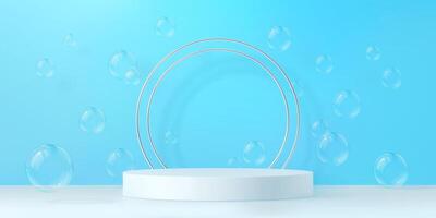 Podium with soap bubbles and gold circular frame vector