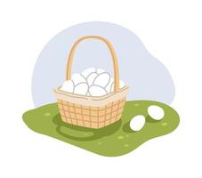 Wicker basket with fresh white eggs on grass vector