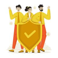 Group of people with shield for insurance agent profiles vector