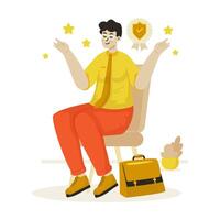 Businessman character in relaxed expression getting trust badge illustration vector