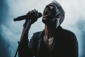 A man singing into a microphone in front of a blue background photo