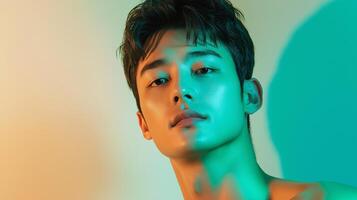 A man with no shirt on in front of a colorful background photo