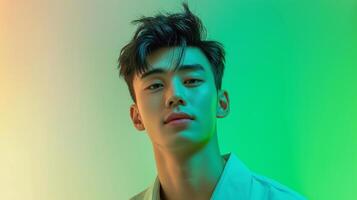 A man with short hair and a green and yellow background photo