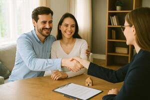 A couple shaking hands at a table with a house photo