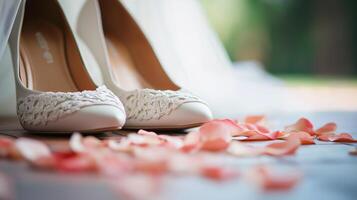 A pair of white wedding shoes with a veil on the floor photo