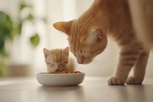 A cat and a kitten eating from a bowl photo