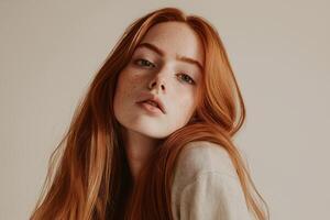 A beautiful redhead woman with freckles on her face photo