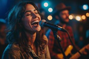 A woman singing into a microphone while a man plays guitar photo