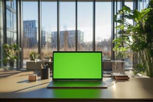 Laptop with green screen on a desk in an office with windows photo