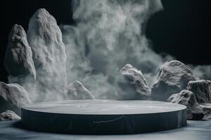 A large stone table surrounded by rocks and smoke photo