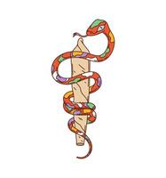 Cartoon groovy retro snake coiled around a staff vector