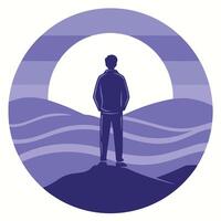 Man standing silhouetted against a bright moon surrounded by abstract waves vector