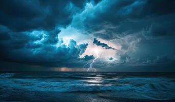 dark night sky with clouds and flashing bright lightning during thunderstorm on the seashore photo