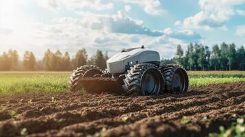 Advanced autonomous farming robot working in a lush green field during daytime photo