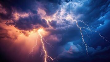 gloomy sky with clouds and flashing lightning during a thunderstorm photo