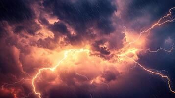 gloomy dark sky with clouds and flashing bright lightning during thunderstorm and heavy rain photo