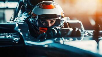 A racer in a helmet and uniform sits in a racing car and is ready to race photo