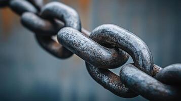 Close-up view of heavy metal chain links against a blurred background in industrial setting photo