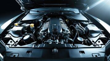 technological engine under the hood of a black car, top view photo