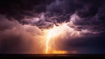 gloomy dark sky with clouds and flashing lightning during a thunderstorm photo