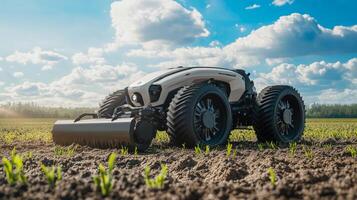 Innovative autonomous tractor cultivating crops on sunny day in farmland photo