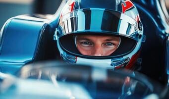 helmet and uniform sits in a racing car and is ready to race photo