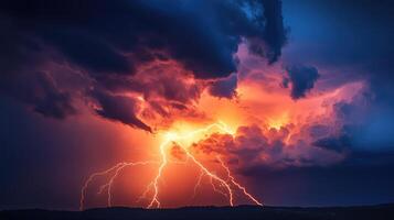 gloomy dark sky with clouds and flashing bright lightning during a thunderstorm photo