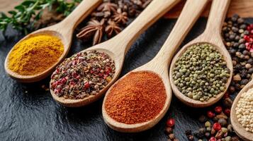various spices in wooden spoons on dark background close-up photo