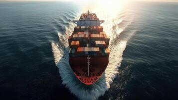 Massive cargo ship navigates open waters at sunset, a view from above showing containers photo