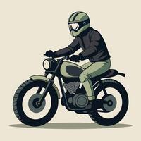 Minimalist style illustration of motorcyclist riding a classic motorcycle on a cream background vector