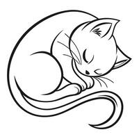 Simple black and white line art illustration of a sleeping curled up cat vector