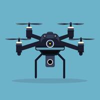Black modern drone with camera isolated on blue background flat design vector