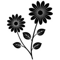 Black and white floral silhouette with two daisy flowers and leaves isolated vector