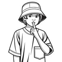 Monochrome graphic of a boy with finger on lips shushing for silence vector