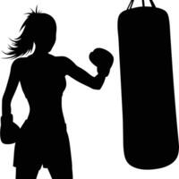 Silhouette of a female boxer training with a punching bag image vector