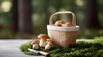 Wild porcini mushrooms with basket shows foraging success and joy photo