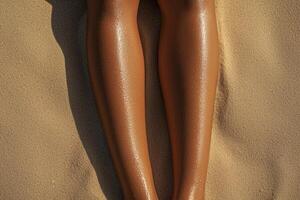Sun-kissed legs resting on a sandy beach surface. photo