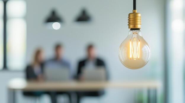 Modern light bulb in focus with blurred colleagues in an office setting. Entrepreneurial mindset startup decision making. photo